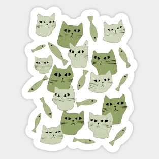 Strange green cats with black eyes and green fish Sticker